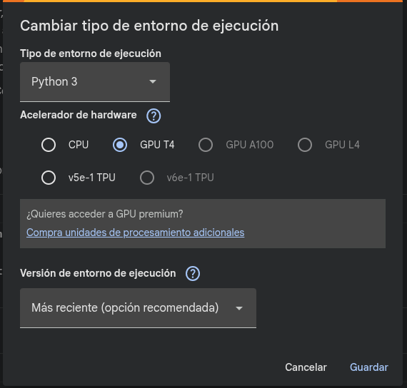 Configuración de entorno de ejecución en Colab